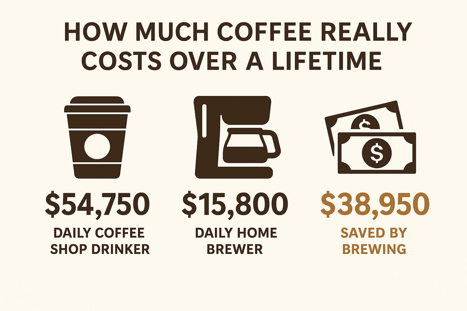  Infographic showing the cost of coffee over a lifetime, comparing daily coffee shop purchases vs. home brewing.