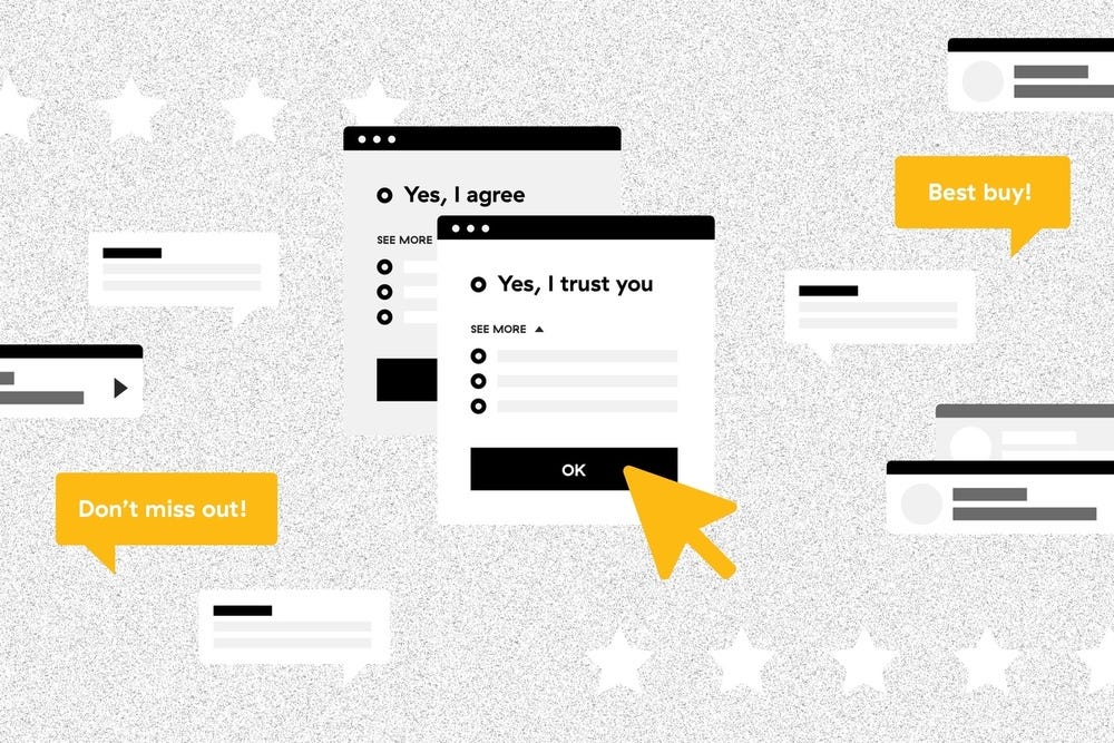 Dark pattern example of confirmshaming using guilt-inducing language to push users into agreeing