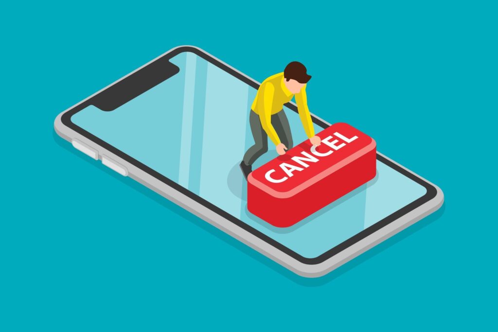 Subscription Cancellation Dark Patterns illustration showing mobile subscription cancel button