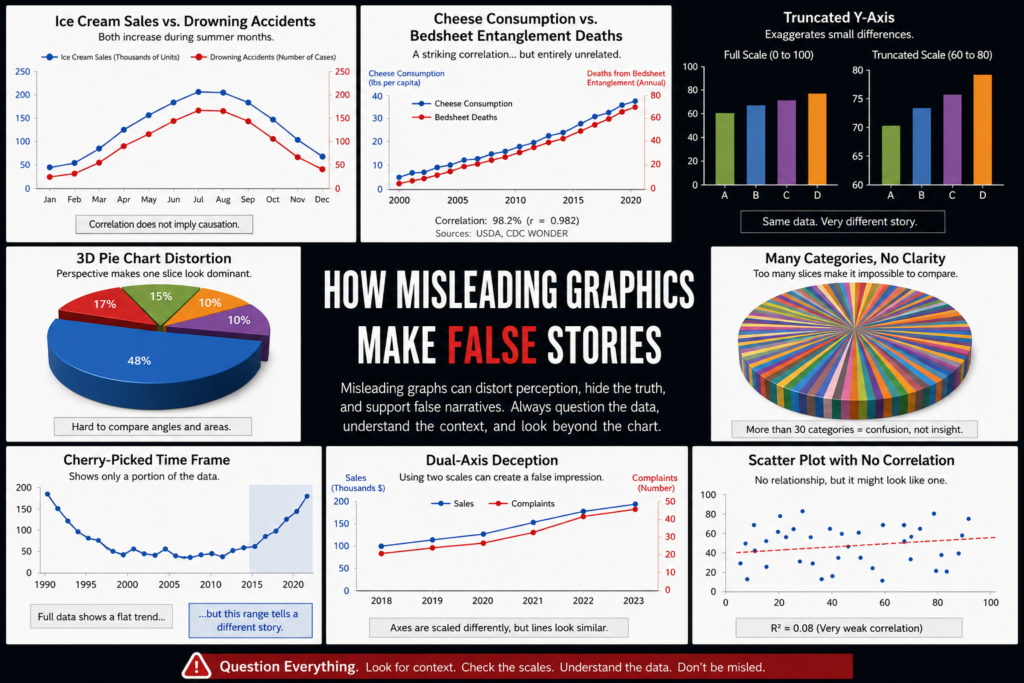 correlation vs causation examples involving misleading statistics and deceptive graphs