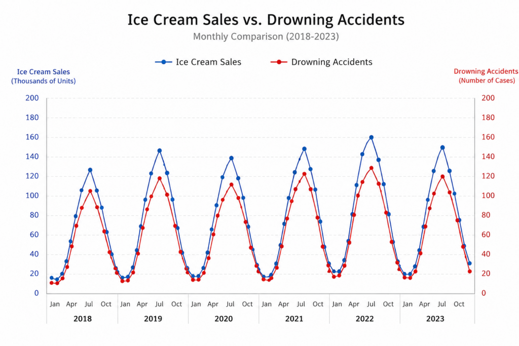 correlation vs causation example comparing ice cream sales and drowning accidents