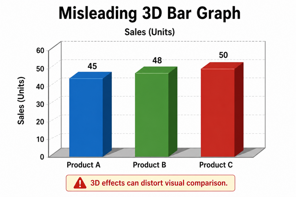misleading 3D bar graph example showing distorted comparison between product sales due to perspective
