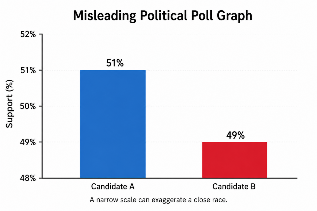 misleading political poll graph using a narrow y-axis scale to exaggerate small differences in support percentages