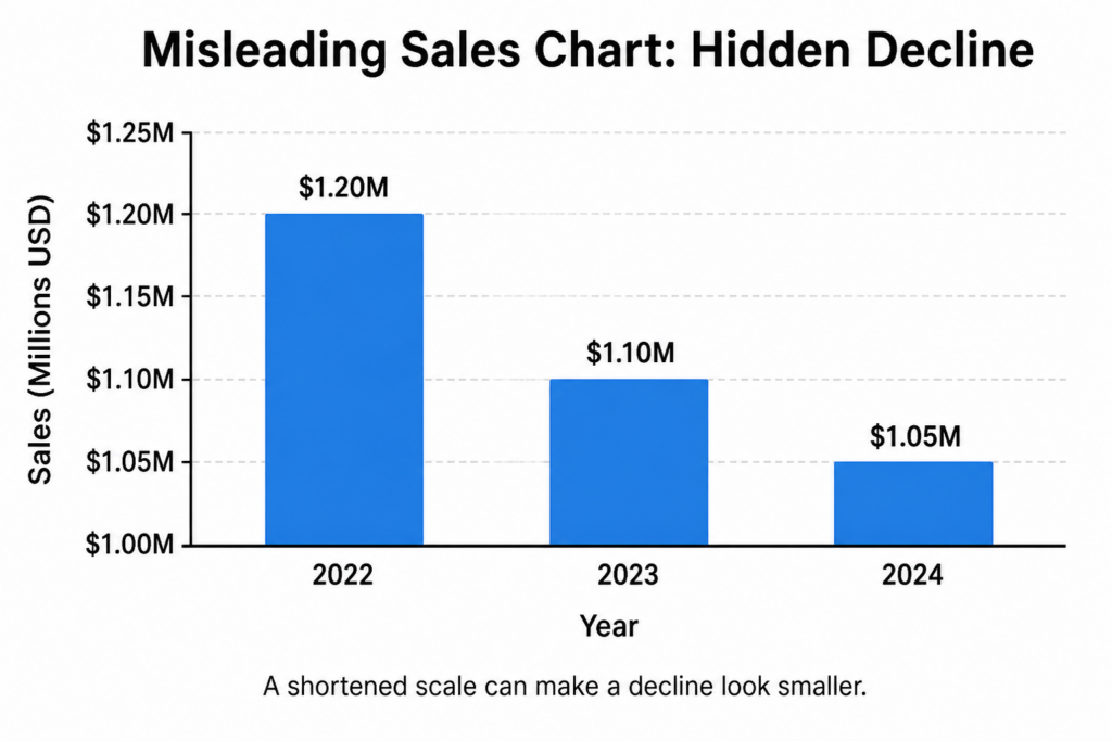 misleading sales bar chart with shortened y-axis minimizing visible decline over time