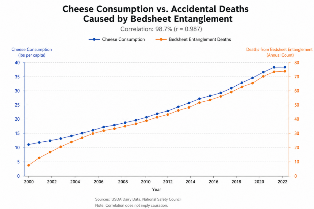spurious correlation example showing unrelated statistical trends