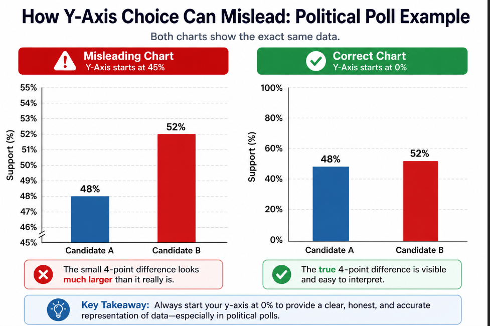 truncated y-axis graph examples showing political poll chart exaggerating a small lead