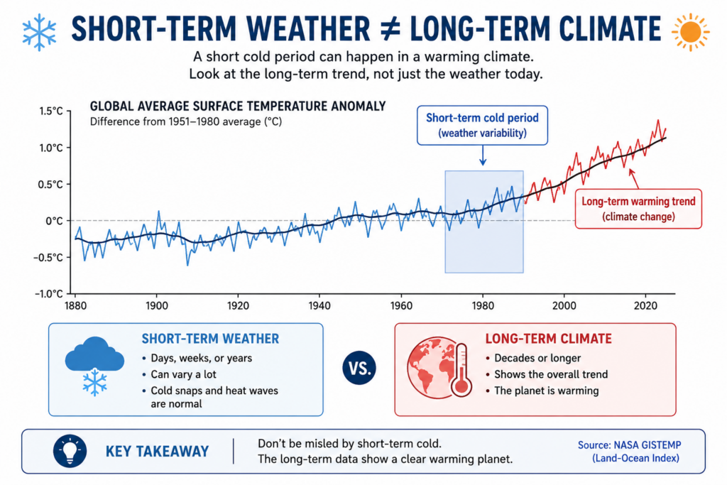 Cherry picking climate data example showing short-term weather versus long-term climate trend
