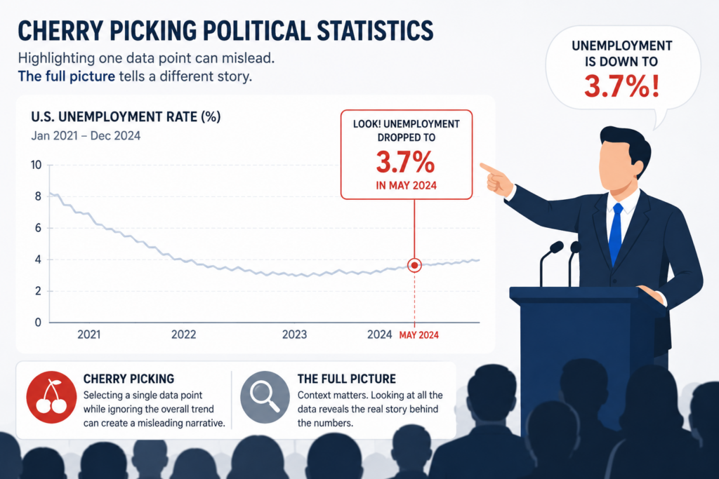 Cherry picking political statistics example showing selective unemployment data