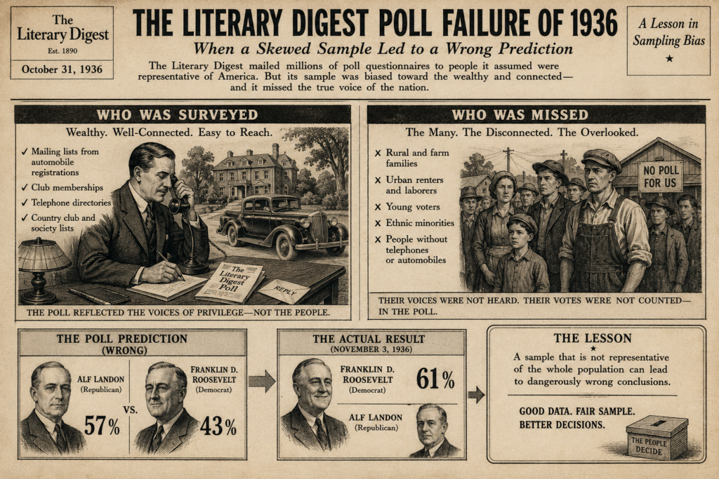 1936 Literary Digest poll selection bias example that incorrectly predicted the US presidential election