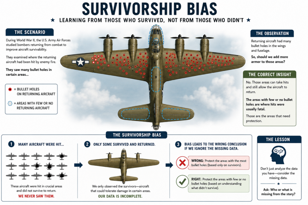 World War II aircraft survivorship bias example showing bullet hole analysis on returning bombers