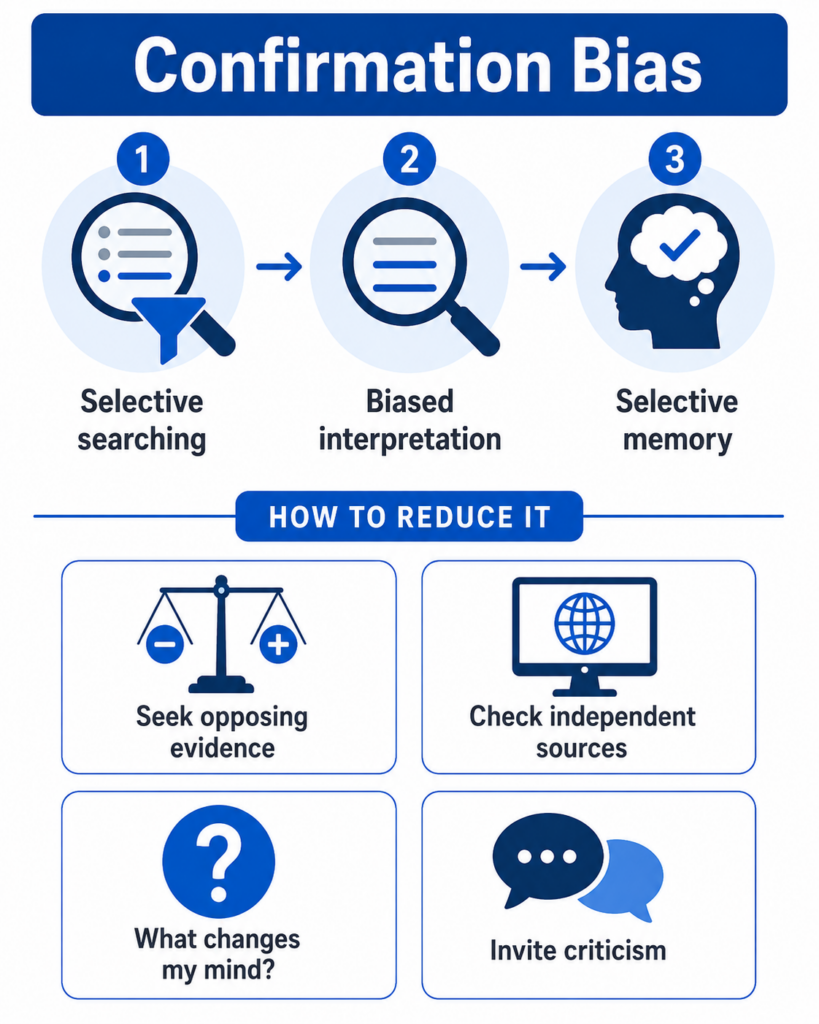 Infographic summarizing confirmation bias examples and ways to reduce biased thinking