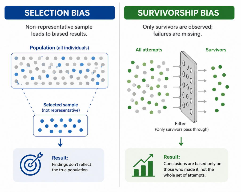 Selection bias vs survivorship bias comparison visual