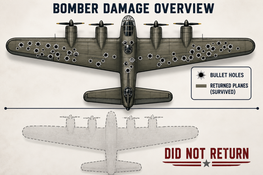 World War II airplane survivorship bias diagram with missing aircraft data